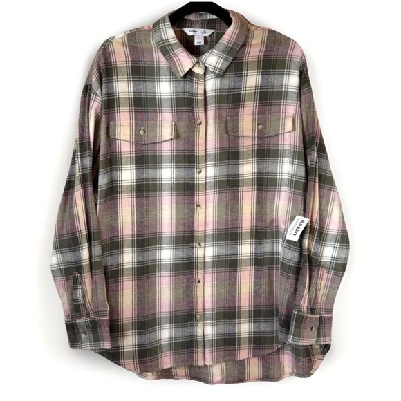 Old Navy Flannel Shirt Women XL Pink Green Boyfriend Button-Up Cabincore NWT NEW - Picture 1 of 11